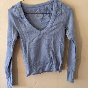 Light Blue Women's V-Neck Ribbed Top